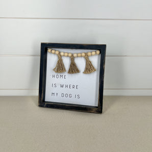 Wood Dog Sign with Tassels - White