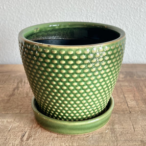 Planter with Saucer - Green Hobnail